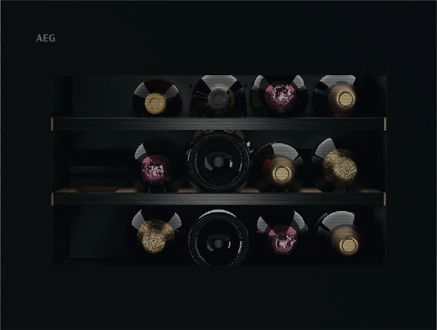 Cantinetta vino AEG da incasso con fronte in vetro Total Black e bottiglie illuminate